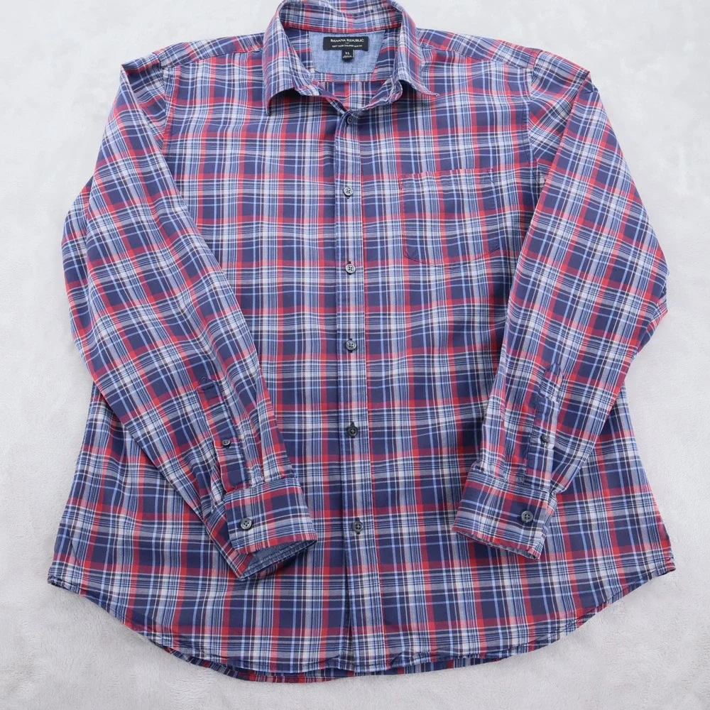 Banana Republic Mens XL Soft Wash Tailored Slim Fit Plaid Button Down Shirt Blue